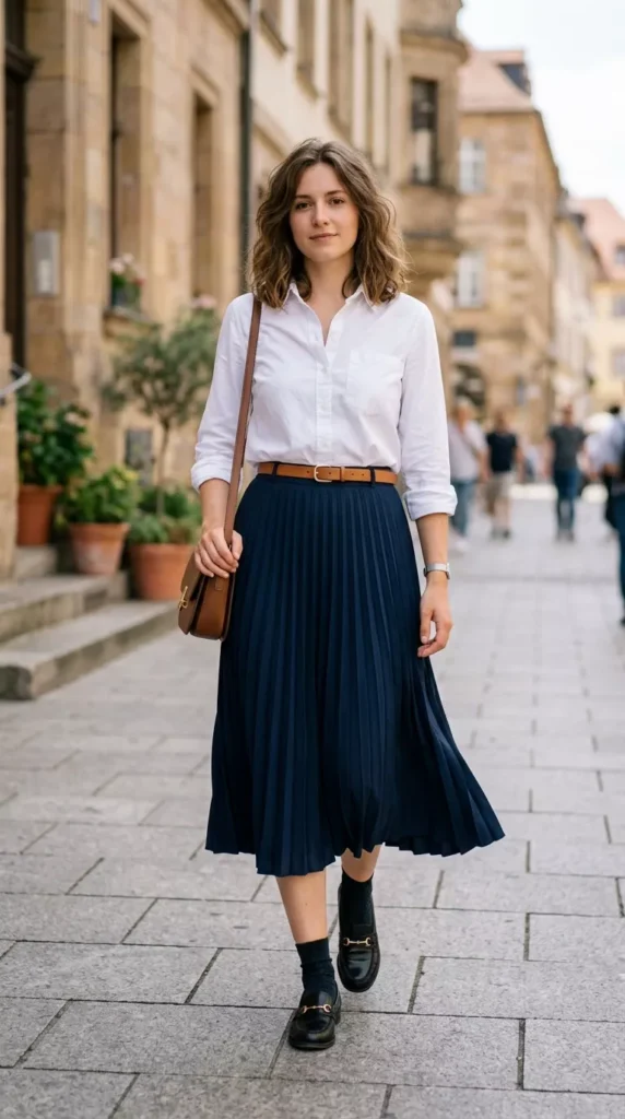 White Button-Down Shirt Tucked Into a Navy Pleated Midi Skirt With Loafers