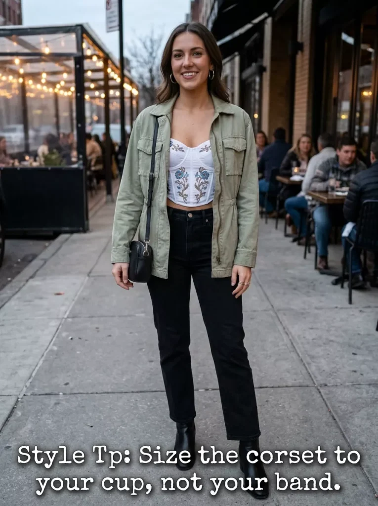 White Embroidered Corset Crop with Black Straight-Leg Jeans