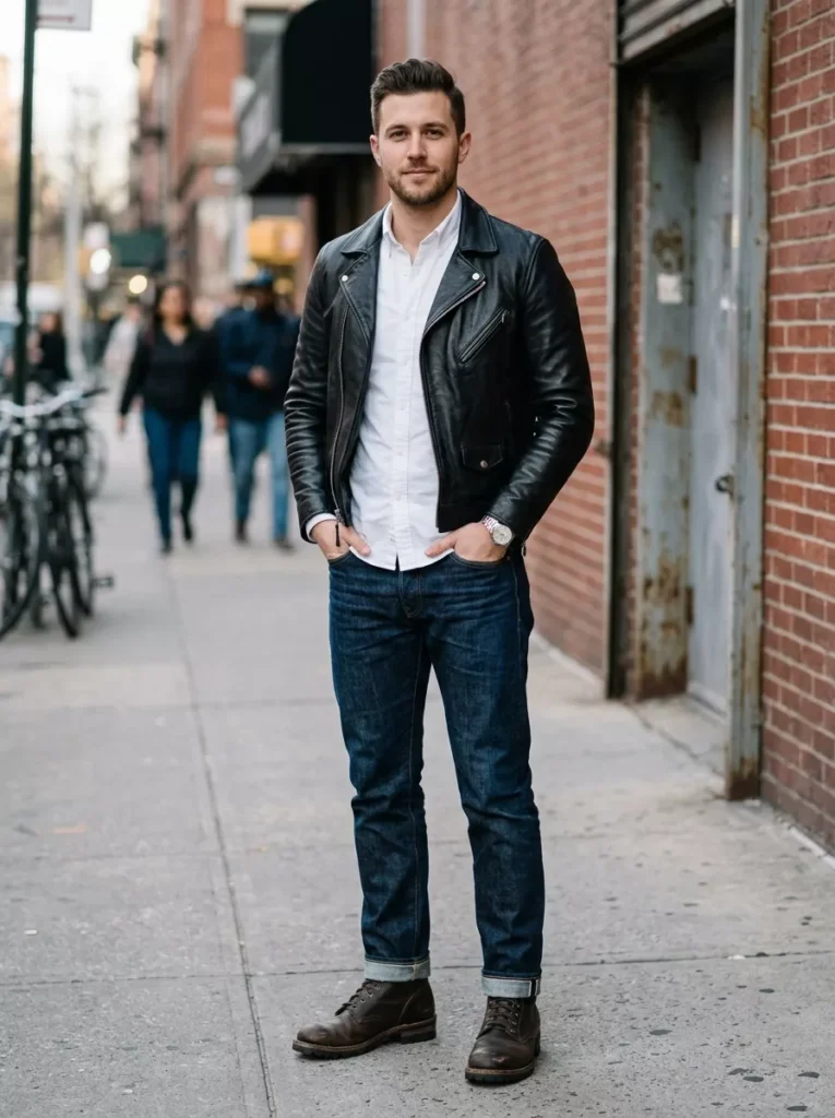 White Shirt, Leather Jacket, Rigid Blue Jeans