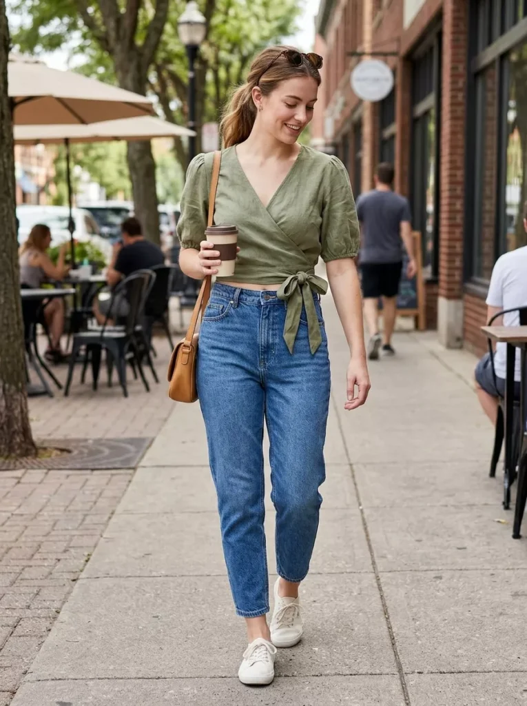 Wrap Crop Blouse with Tapered Jeans